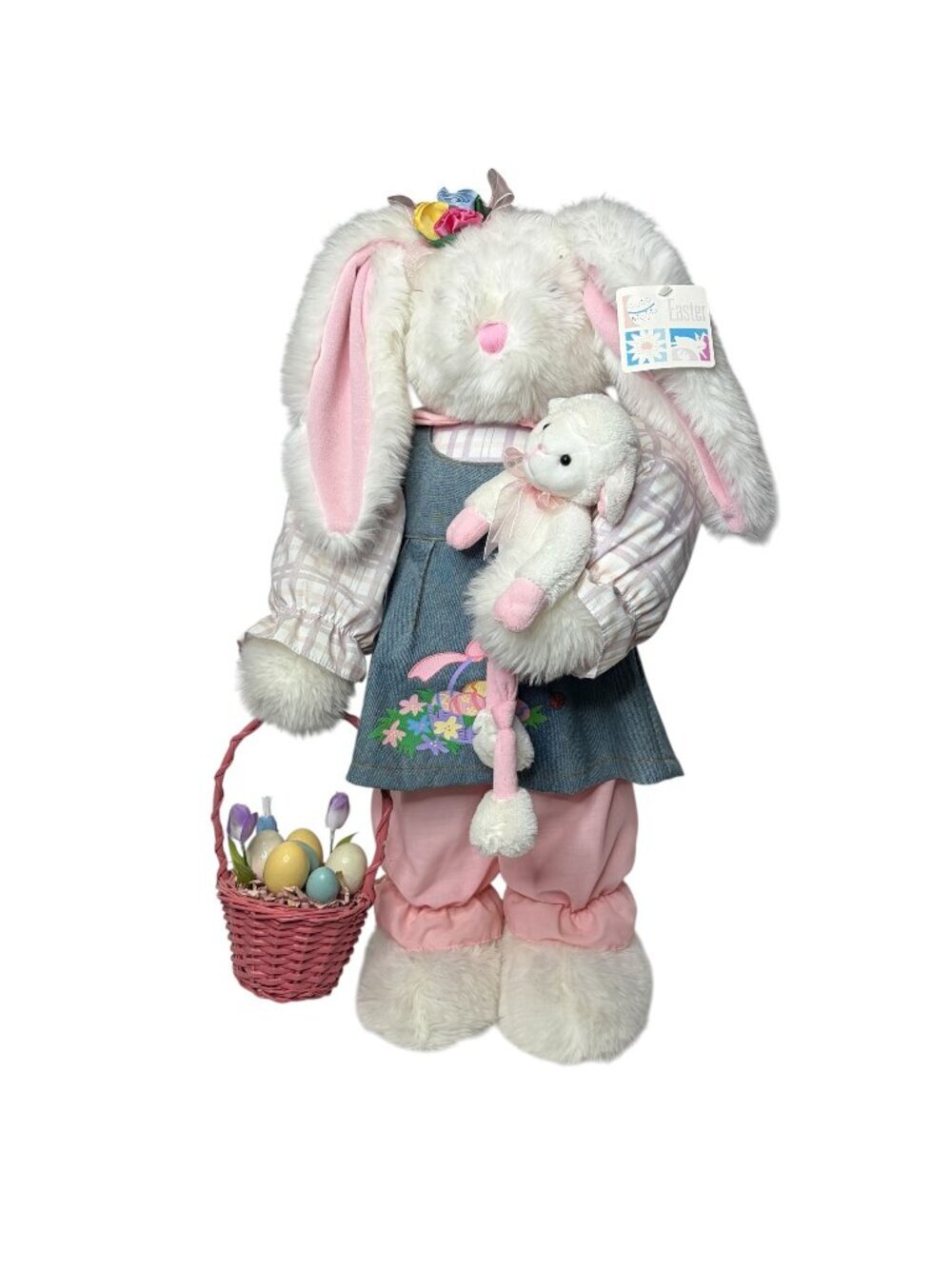 Vintage Large 27" Easter Bunny Plush Standing Figure Decoration with Basket & La